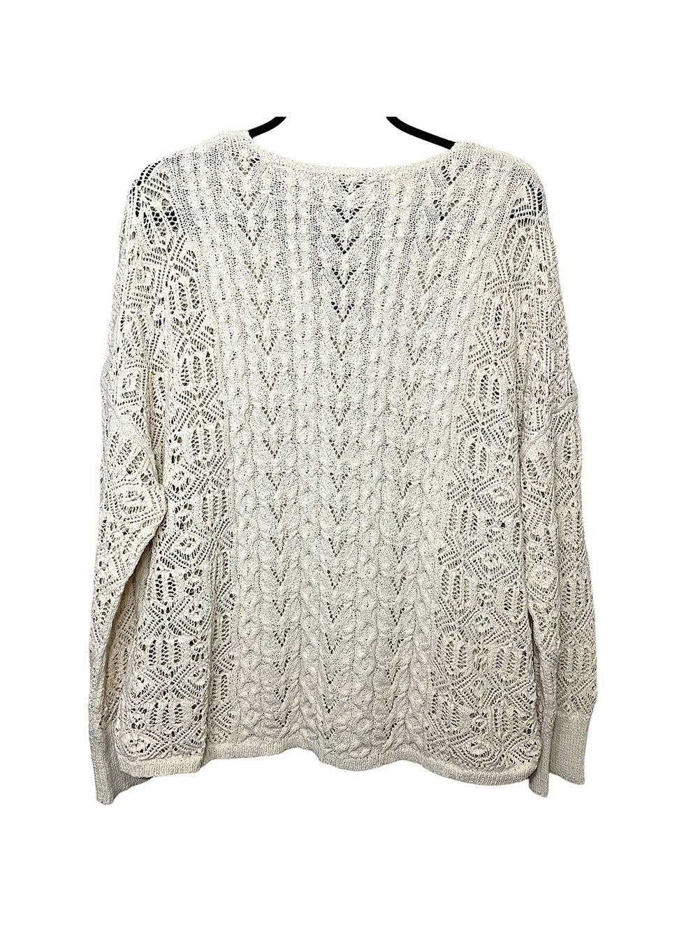 Zara Beige Crochet Cable Knit Sweater Sz S Oversized V Neck Long Sleeve Pullover - Picture 4 of 14